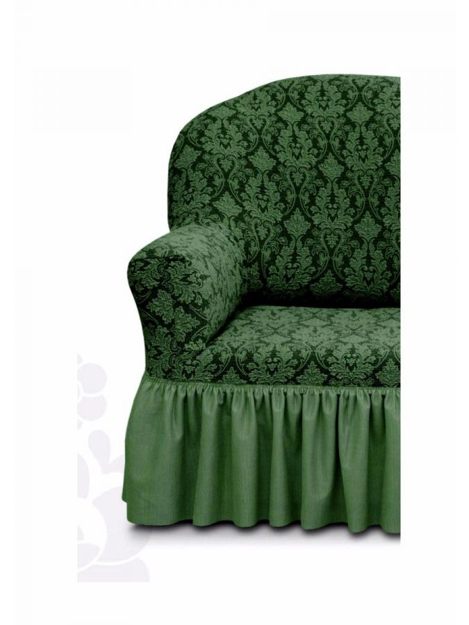 Чехол на угловой диван и кресло с оборкой Жаккард,Зелёный