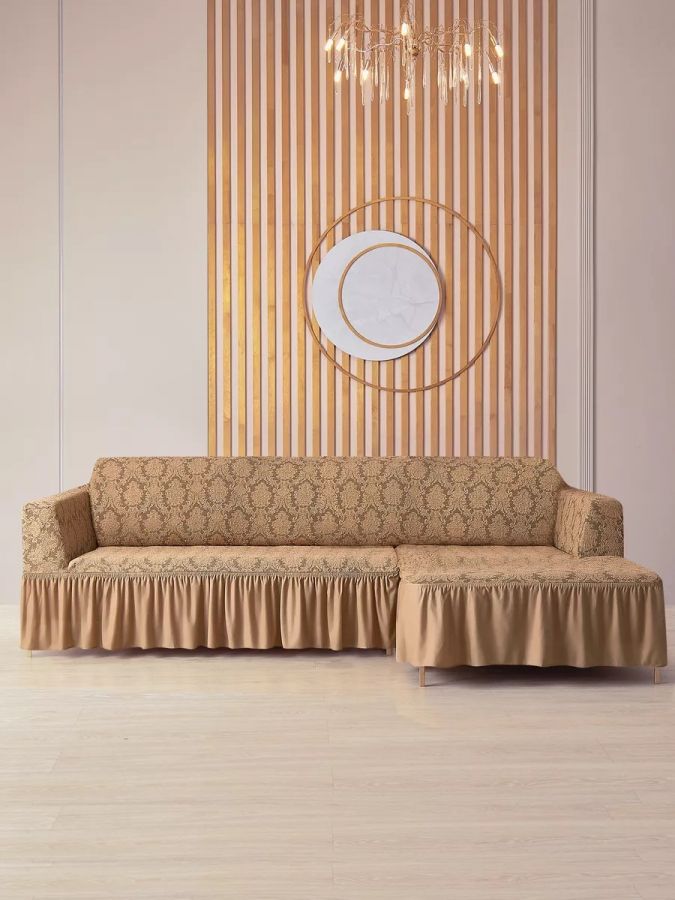 Чехол на угловой диван с оборкой Жаккард ,медовый