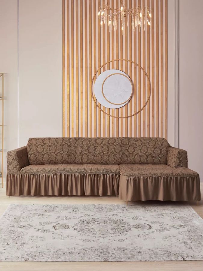 Чехол на угловой диван с оборкой Жаккард ,коричневый