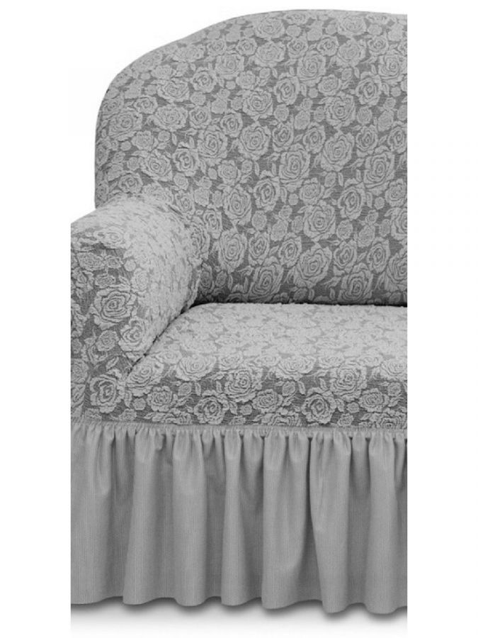 Чехол на угловой диван и кресло с оборкой Жаккард,Серебро