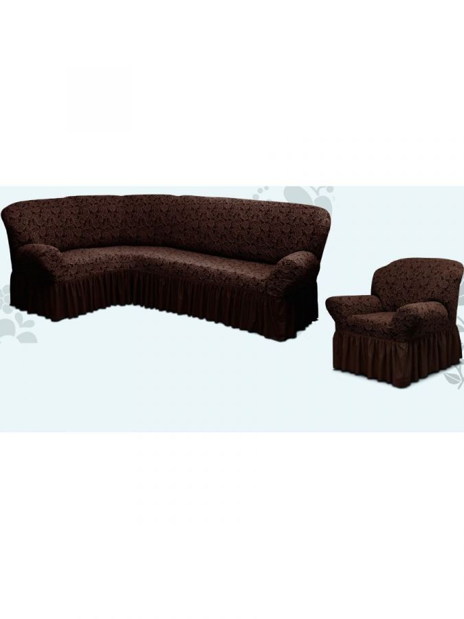 Чехол на угловой диван и кресло с оборкой Жаккард,Шоколад