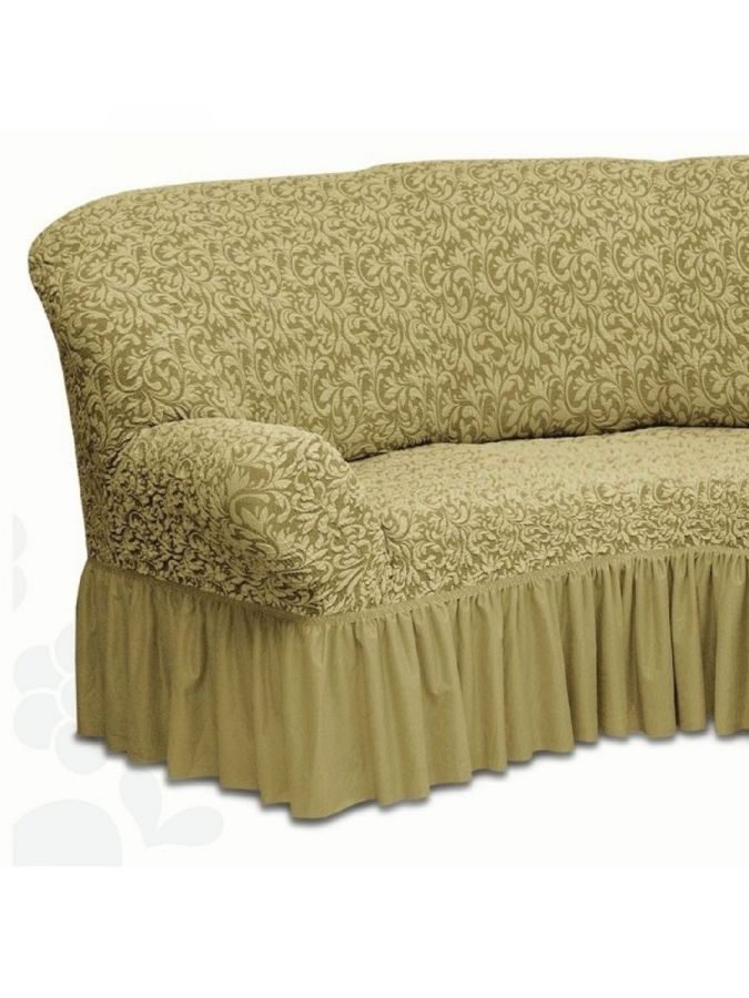 Чехол на угловой диван и кресло с оборкой Жаккард,Бежевый