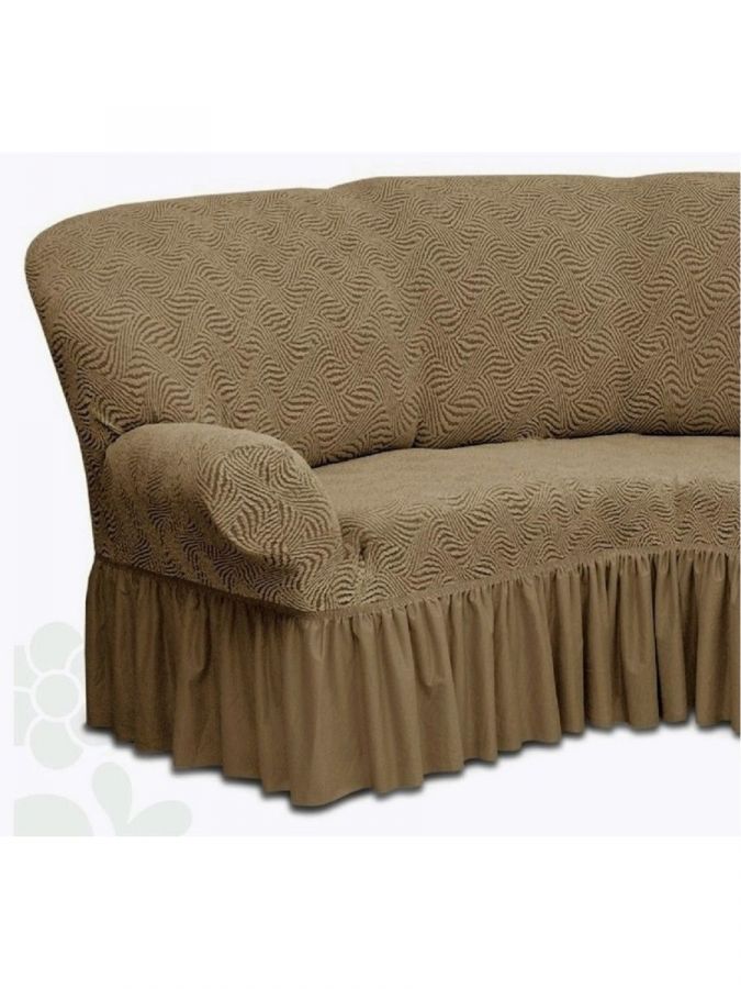 Чехол на угловой диван и кресло с оборкой Жаккард,Кофе с молоком