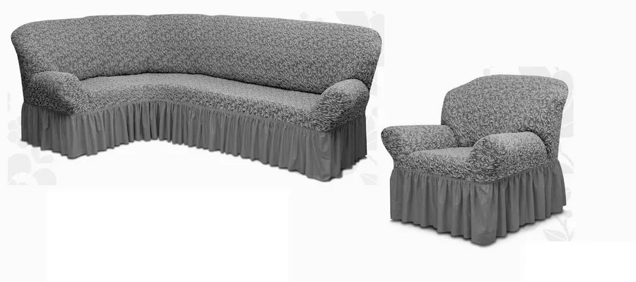 Чехол на угловой диван и кресло с оборкой Жаккард,серый