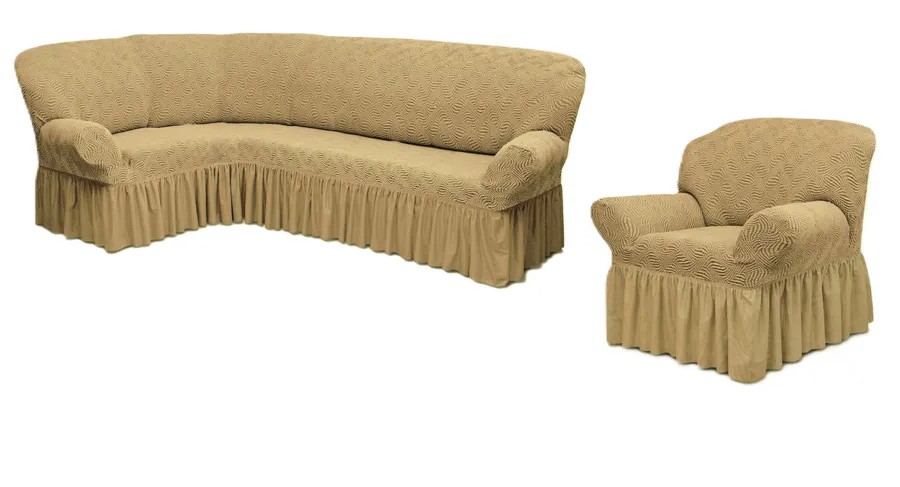 Чехол на угловой диван и кресло с оборкой Жаккард, бежевый