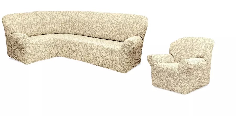 Чехол на угловой диван и кресло с без оборки,Жаккард,ванильный