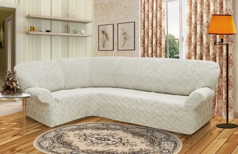 Чехол на угловой диван без оборки Жаккард, ванильный