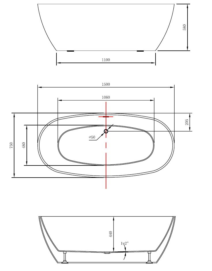 Отдельностящая акриловая ванна Vincea интегрированный перелив VBT-405-1500 ФОТО