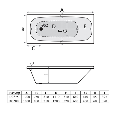Ванна пристенная акриловая Vincea VBT-2S170 170х75 см ФОТО