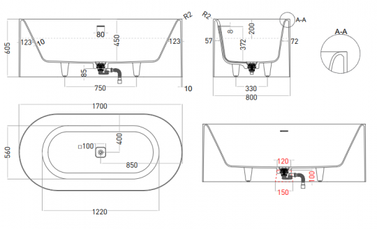 Отдельностоящая ванна Salini Perla 170х80 схема 5