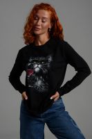 8541 Футболка с длинным рукавом женская [черный+кот с красным]