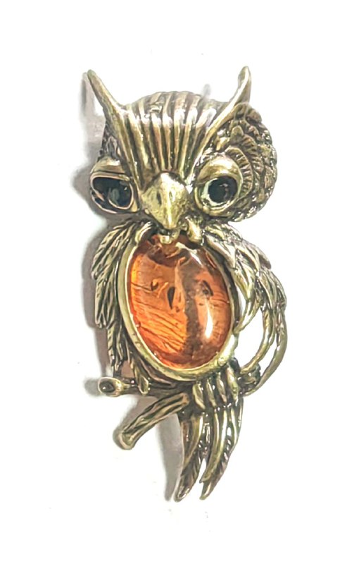Брошь Сова янтарь