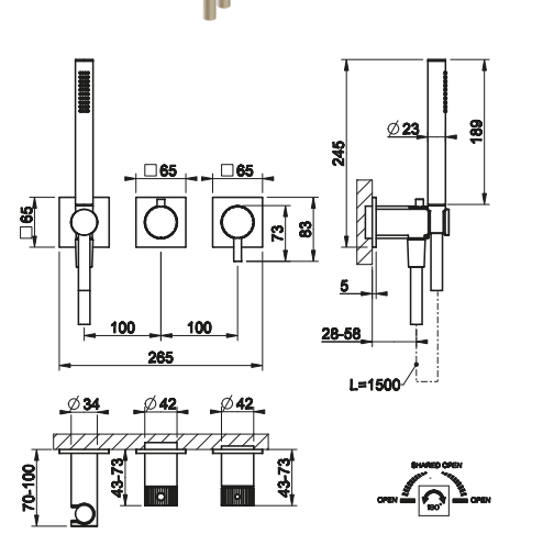 Смеситель для душа Gessi Incastri 75036 встраиваемый с ручным душем и переключателем на 2 источника схема 2