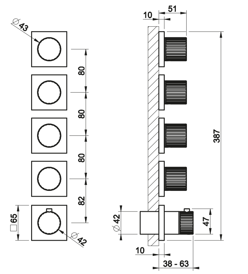Смеситель для душа Gessi Incastri 75338 с термостатом на 4 запорных вентиля горизонтальная установка ФОТО