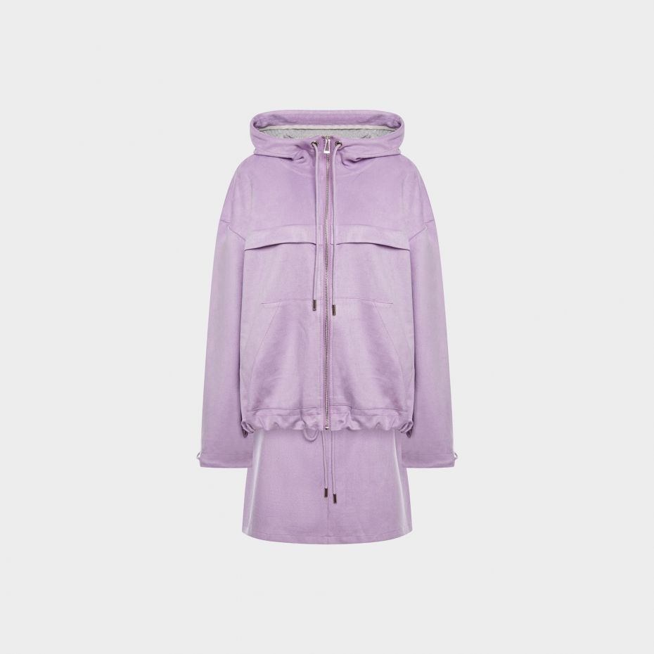 Лиловый замшевый костюм из худи на молнии и юбки