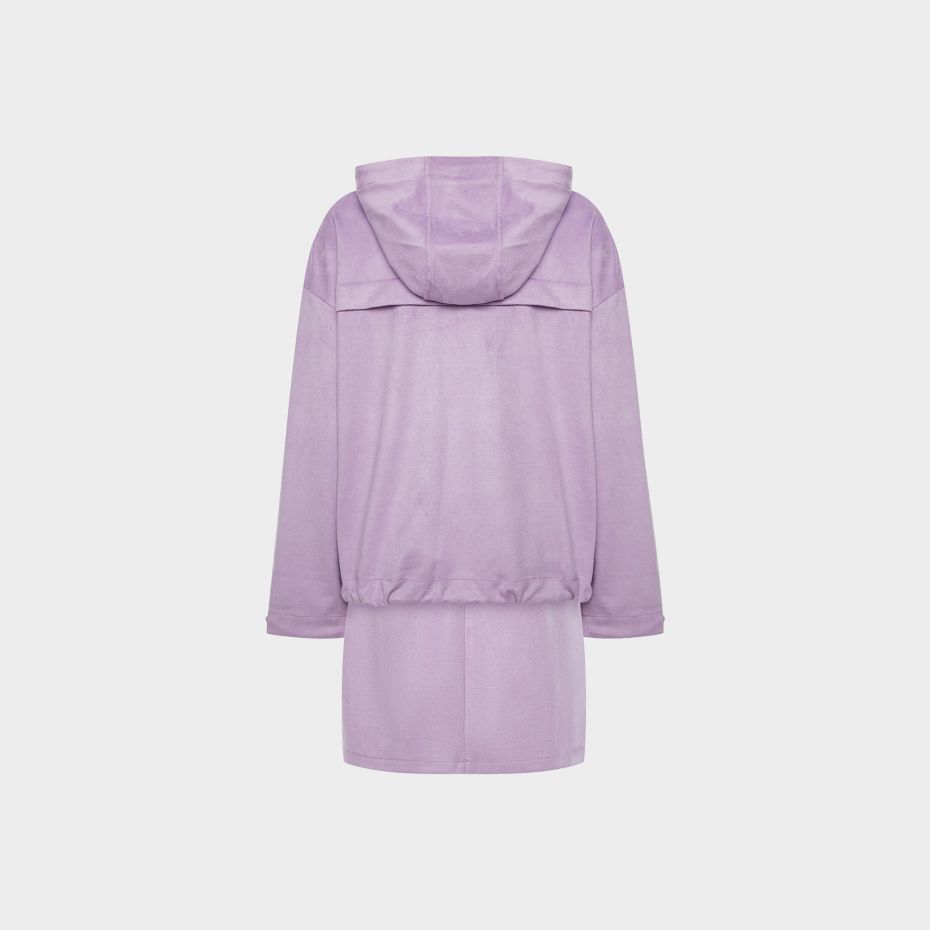 Лиловый замшевый костюм из худи на молнии и юбки