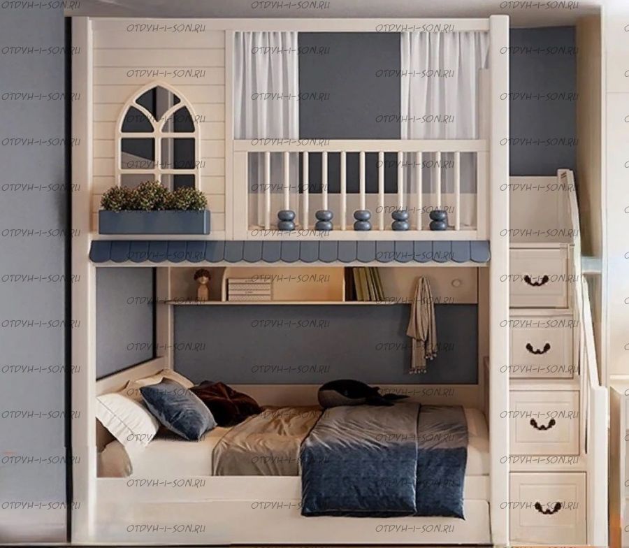 Кровать двухъярусная Домик Santana Sky №22+ с лестницей-комод, Массив