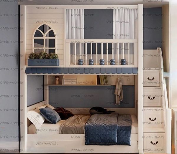 Кровать двухъярусная Домик Santana Sky №22+ с лестницей-комод, Массив