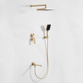 Frap H91 F7191-3 duş komplektinin ön görünüşü - qızıl satin örtüklü latun korpusu, tropik duş başlığı və qarışdırıcı ilə lüks dizaynı nümayiş etdirir. 2