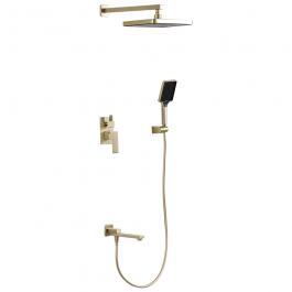 Frap H91 F7191-3 duş komplektinin ön görünüşü - qızıl satin örtüklü latun korpusu, tropik duş başlığı və qarışdırıcı ilə lüks dizaynı nümayiş etdirir. 5