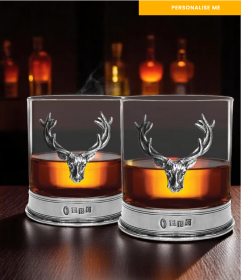 Набор классических  бокалов для виски (два бокала)  "Оленья голова" (пьютер)  с дном из пьютера. Stag Head Pewter Whisky Glass Tumbler Set of 2