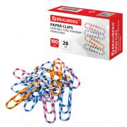 Скрепки BRAUBERG, 28 мм с цветными полосками, 100 шт., в картонной коробке, 221534