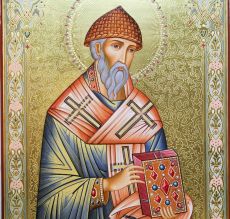 Рукописная Икона Спиридон Тримифунтский 30х40 см поясная (Мстеры, сусальное золото и чеканка)