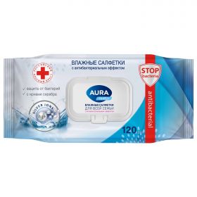Салфетки влажные 120 шт, AURA Family антибактериальные, для всей семьи, крышка клапан 117687
