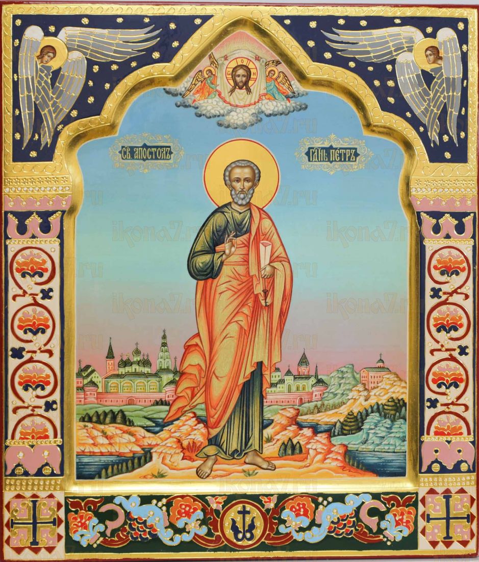 Рукописная икона Апостол Петр 27х31 см (холодные эмали, сусальное золото, чеканка, ковчег)