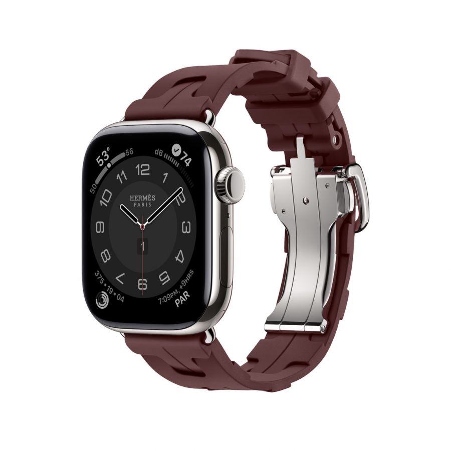 Часы Apple Watch Hermès Series 11 GPS + Cellular 42mm Silver Titanium Case with Bordeaux Kilim Deployment Buckle