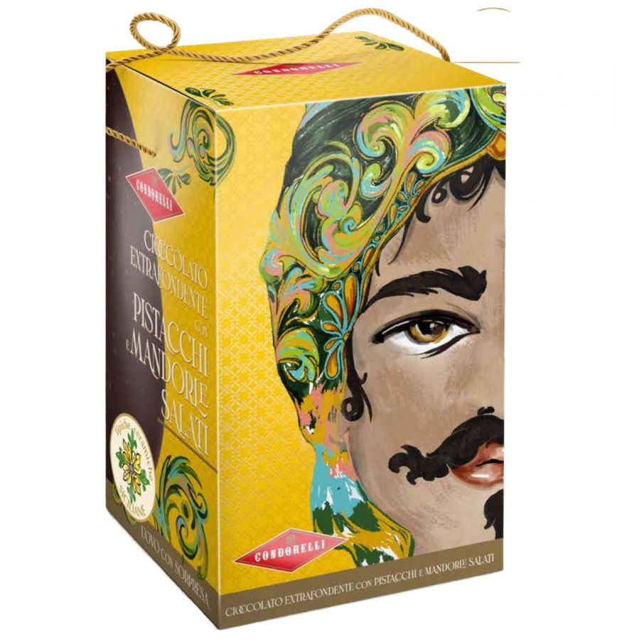 Яйцо из экстра темного шоколада с соленым миндалем и фисташками (с сюрпризом), Condorelli, 250 г, Uovo di cioccolato extrafondente con mandorle salate e pistacchi salati 250 g