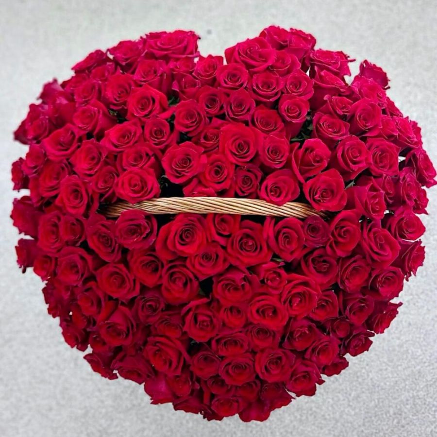Красные розы в корзине, 151 шт
