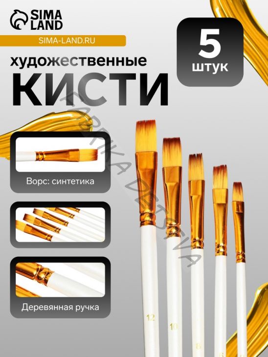 Набор кистей для рисования, синтетика, 5 штук: № 1/8, 3/8, 5/8, 1/2, 1/4, плоские, в блистере, международный размер