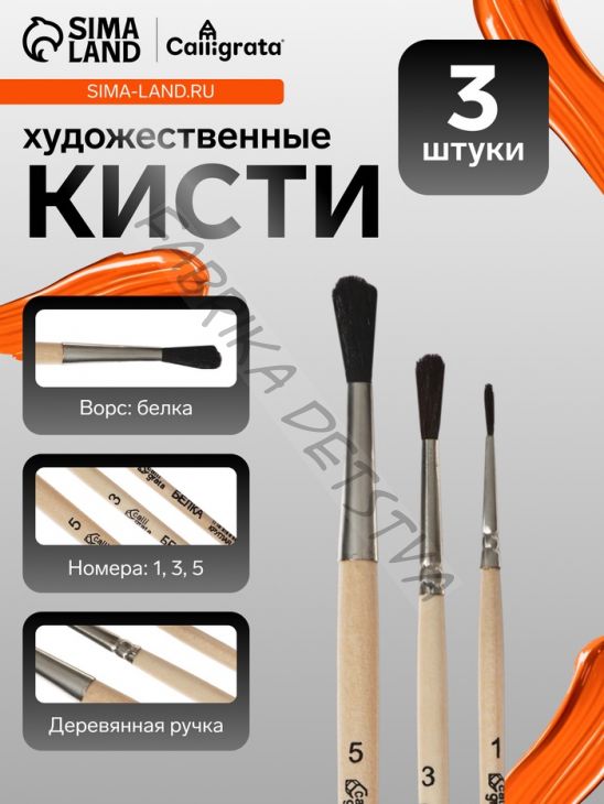 Набор кистей для рисования, белка, 3 штуки: №: 1, 3, 5, Calligrata, круглые, деревянная ручка, в пакете