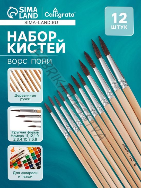 Набор кистей для рисования, пони, 12 штук: № 1, 2, 3, 4, 5, 6, 7, 8, 9, 10, 11, 12, круглые, деревянная ручка, международный размер