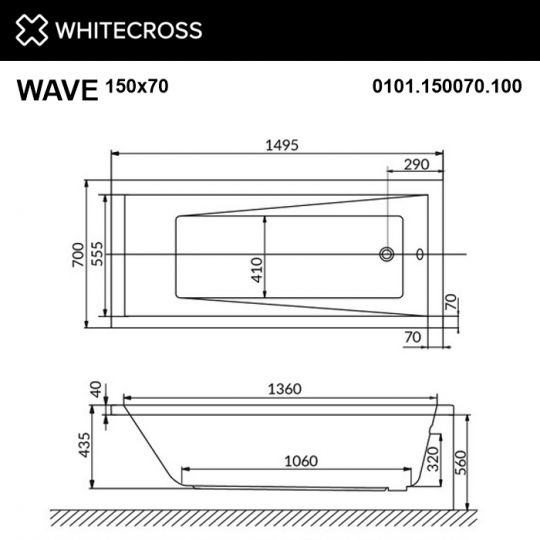 Прямоугольная акриловая  ванна WHITECROSS Wave 150x70 схема 17