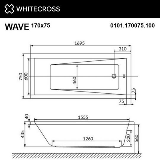 Акриловая ванна WHITECROSS Wave 170x75 с аэромассажем схема 24