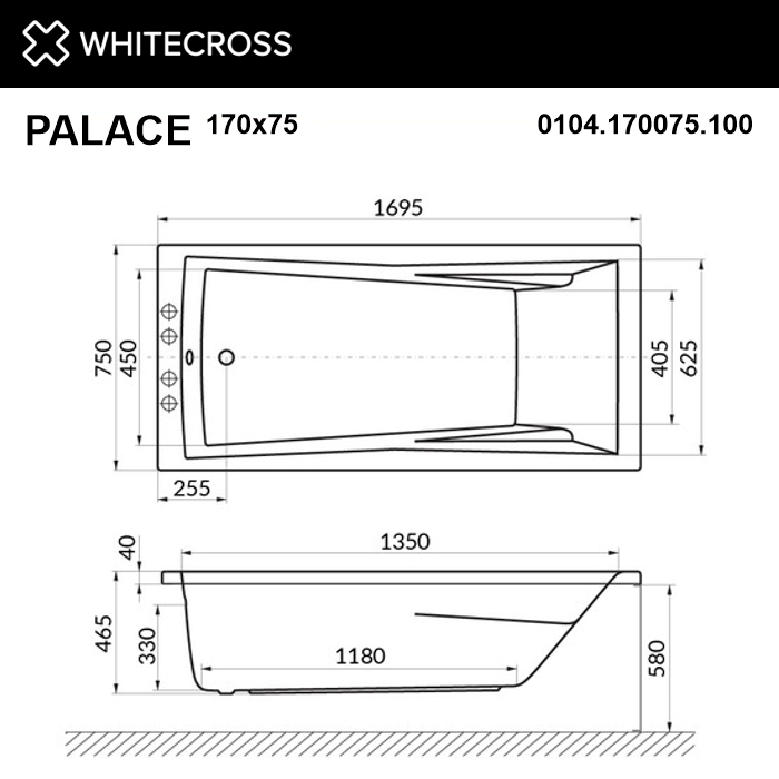 Акриловая ванна WHITECROSS Palace 170x75 с гидромассажем схема 3