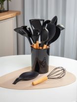 Набор кухонных принадлежностей 14 предметов, силикон, бамбук, в стакане, черный, Daniks, Y4-9561