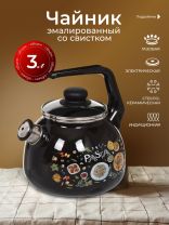 Чайник сталь, эмалированное покрытие, 3 л, со свистком, ручка консольная, СтальЭмаль, Паста, индукция, черный, 4с209я