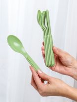 Набор столовых приборов пластик, 6 предметов, зеленый, столовый, 222136218/08, вилка, ложка, нож