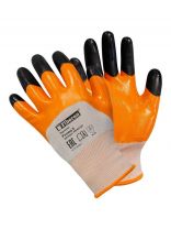 Перчатки полиэстер, нитриловое покрытие, без рисунка, размер 9 (L), оранжевый, черные, Пчелка, Fiberon