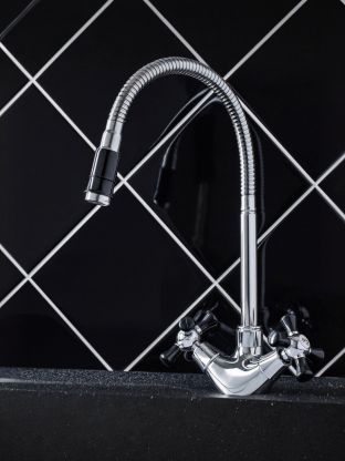 Смеситель для кухни, РМС, гибкий излив, с кран-буксой, черный, SL92BL-279F