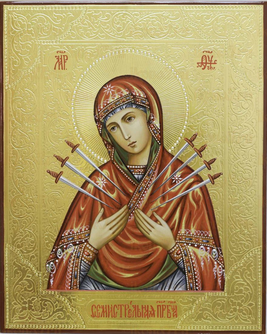 Рукописная икона Семистрельная образ Божией Матери 17х21 см (сусальное золото и чеканка)