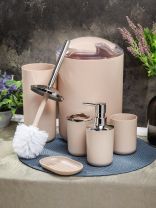 Набор для ванной 6 предметов, бежевый, пластик, ведро для мусора, ершик для туалета, стакан, подставка для зубных щеток, дозатор, мыльница, Y4-6500