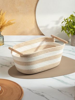 Корзина для белья, 30х21х14 см, прямоугольная, плетеная, хлопок, бежевая, с бамбуковой ручкой, Y4-8932