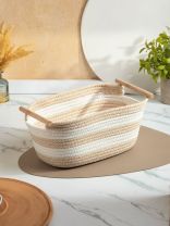 Корзина для белья, 30х21х14 см, прямоугольная, плетеная, хлопок, бежевая, с бамбуковой ручкой, Y4-8932