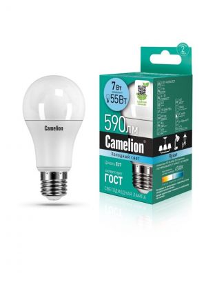 Лампа светодиодная E27, 7 Вт, 55 Вт, 220 В, груша, 4500 К, нейтральный белый свет, Camelion, 11254/13735