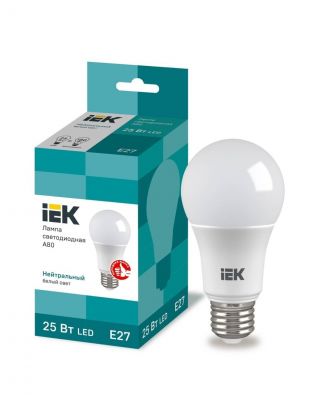 Лампа светодиодная E27, 25 Вт, 100 Вт, 230 В, груша, 4000 К, нейтральный белый свет, IEK, A80, LED, LLE-A80-25-230-40-E27