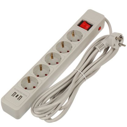 Сетевой фильтр 5 гнезд, 4.7 м, ПВС, 3х1 мм2, с заземлением, 16 А, +2USB +TYPE C 2.0, 3.5 кВт, серый, Jett, 171-605